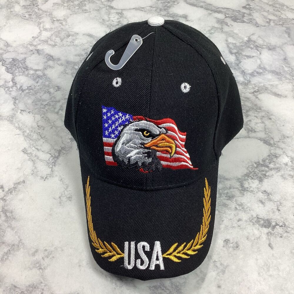 Men Eagle USA Flag Hat Ball Cap Black Gold One Size New NWOT KYS Design